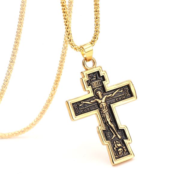 

christian orthodox crucifix jesus necklace russian cross prayer big pendant gold color inri crucifix cross pendant necklace men, Silver