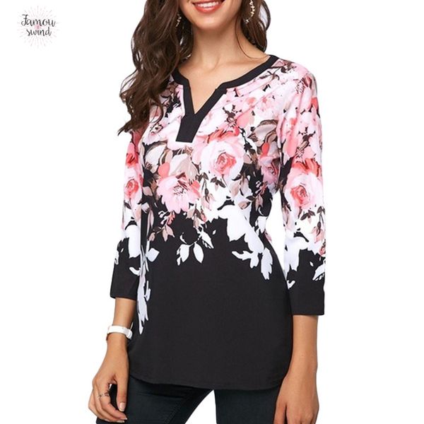 

blouse plus size long sleeve 5xl women and spring 2019 flower print v neck blouses fashion casual blusas, White