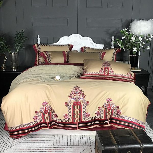 

34 4/7pcs yellow chinese classic red embroidery 60s egyptian cotton wedding bedding set duvet cover bed sheet pillowcases