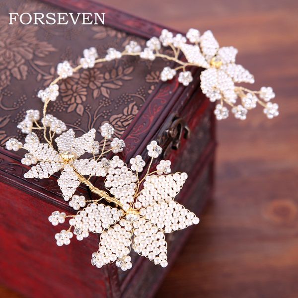 

flower pearl headband tiara bride headbands hair jewelry women hiarband pearl wedding hair accessories bride headdress, Golden;white