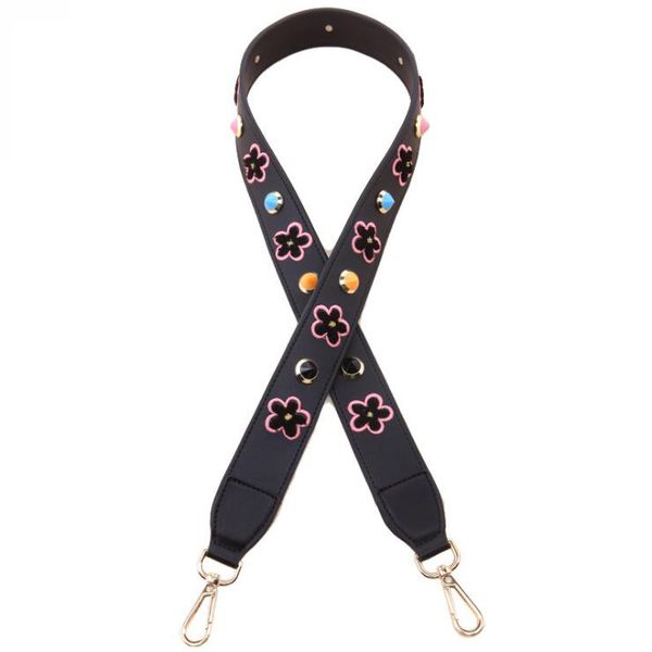 

genuine leather bag strap lady handbags shoulder straps bags accessories flowers pattern belts gold buckle handles replacement, Black