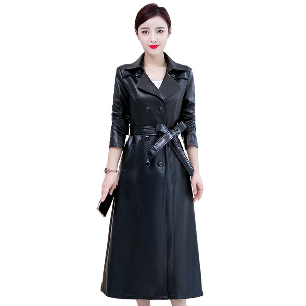 

fashion x-long leather coat women 2020 autumn winter women pu leather jacket casual windbreaker long ladies jacket belt, Black