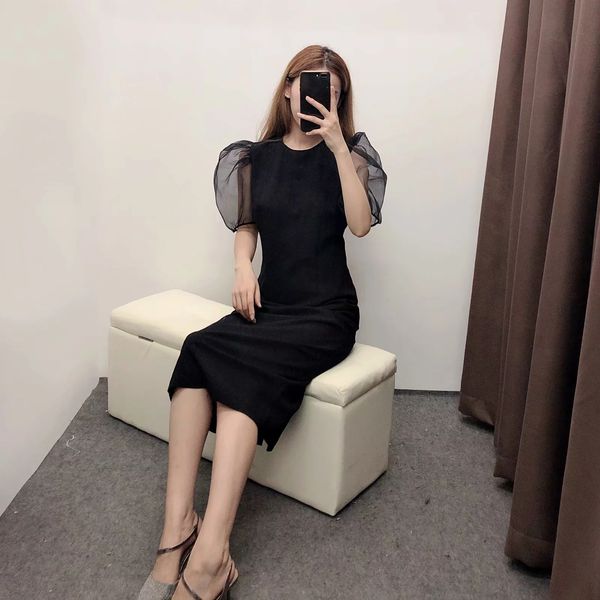 Novo design feminino perspectiva de festa organza puff manga curta cintura fina cor preta vestido longo plus size XS S M L