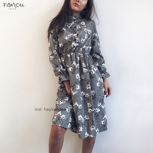 

High Corduroy Elastic Waist Vintage Dress Clothes Style Women Full Sleeve Flower Plaid Print Dresses Feminino 18 Colors Designer A-Line
