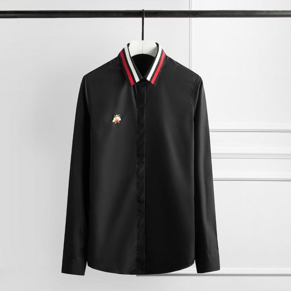 

ribbon collar luxury bee design long sleeve solid color mens dress plus size 3xl 4xl slim man shirts, White;black