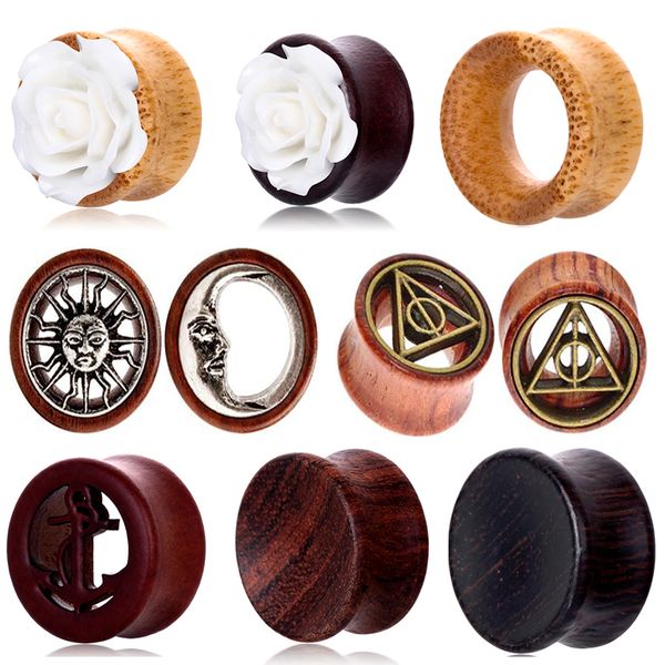 

tiancifbyjs natural wood acrylic ear gauges plugs stretcher hollow flower earring expander flesh tunnels body piercing jewelry, Slivery;golden