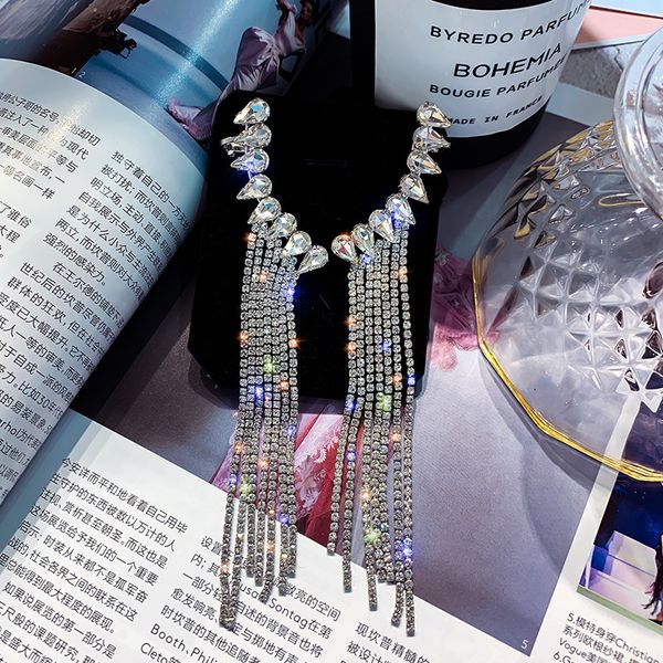 

fashion long tassel full rhinestone drop earrings for women bijoux shiny water drop crystal dangle earrings jewelry gifts, Silver