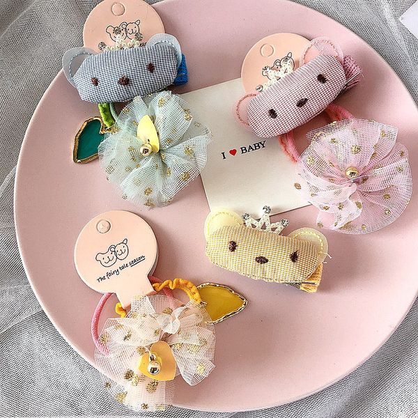 

2020 new children's hair clip cartoon plaid bear net yarn love rubber band three-piece hair accessories, Slivery;white