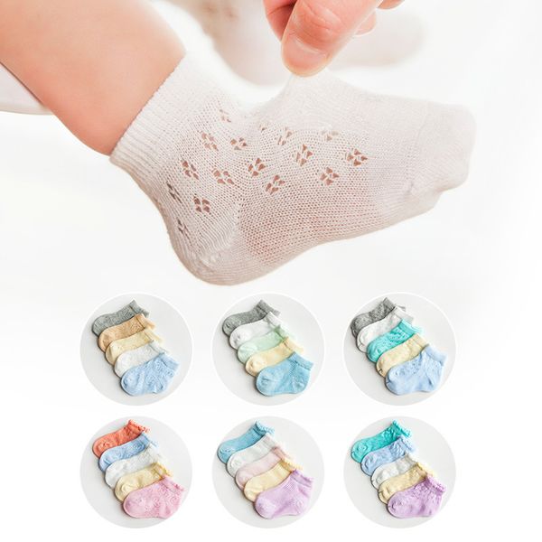

5 paris newborn baby socks for girls boys summer breathable mesh thin cotton short socks infants children yellow socks 0-6 years, Pink;yellow