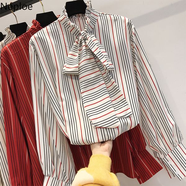 

neploe striped blouses women long sleeve shirts 2019 fashion bow tie neck blusas female ladies elegant shirt 38422, White