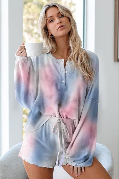 

бесплатно для пижамы tiedye для женщин crew neck tie dye pajama коротких наборы набор tie dye женских пижамы tiedye цветочных печатей bwkf, Blue;gray