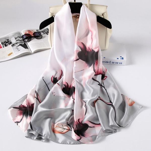 

new printed silk scarf elegant famous flower scarf sunscreen shade beach scarf air conditioning shaw ing, Blue;gray