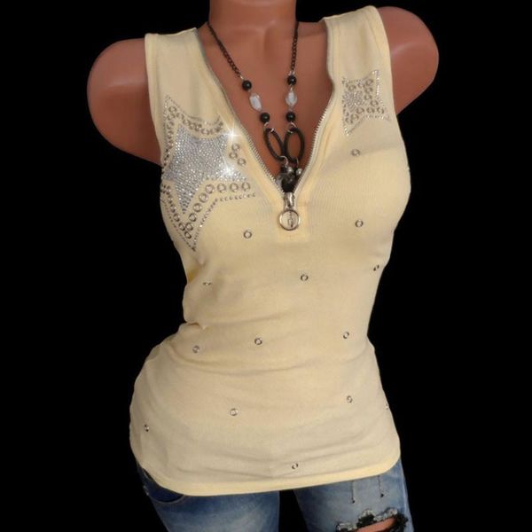 

women ladies drill zipper sleeveless vest tank blouse pullover shirt ladies v-neck sleeveless solid color sequined 50**, White