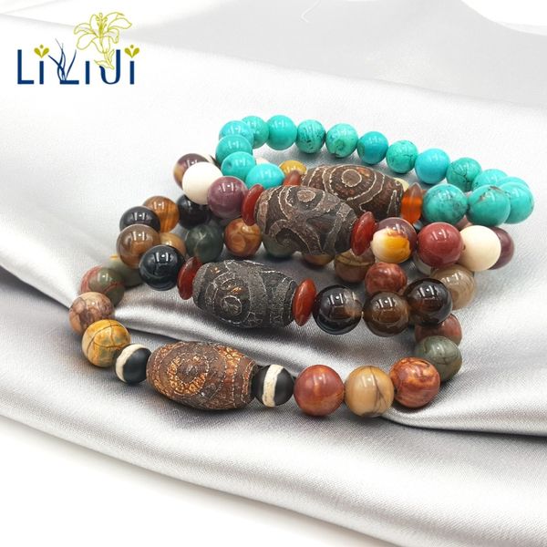 

lii ji natural stone picasso jasper labradorite etc. with carved tibetan three eye dzi beads bracelet for men accessories gift, Golden;silver