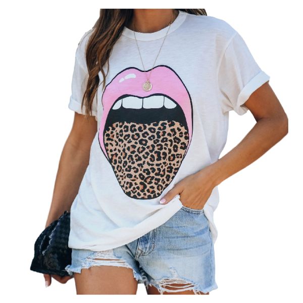 

womens summer lightweight leopard lips printing blouses comfort loose basic round neck tunics casual short sleeves t-shirts, White