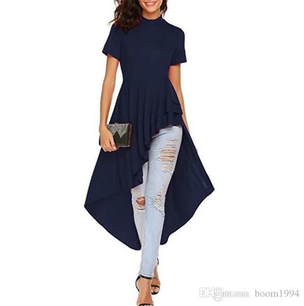 

женская рябь высокая низкая асимметричный короткий рукав bodycon топы блузка рубашка платье, Black;gray