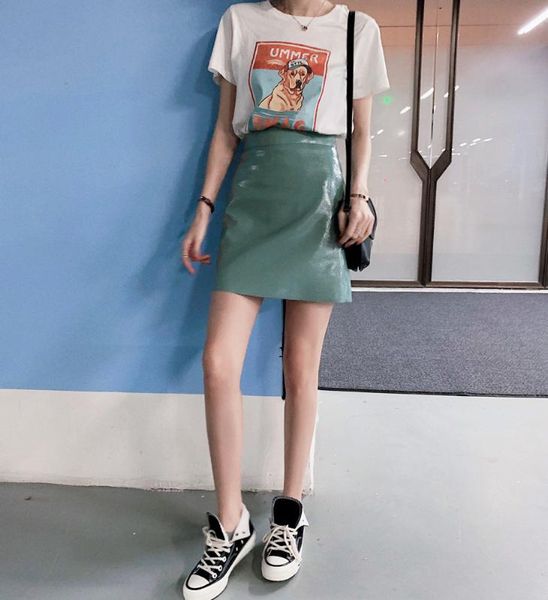 

solid color glossy latex skirt korean street trend college mini straight skirt leather pencil short skirts zip 2020 new hot, Black