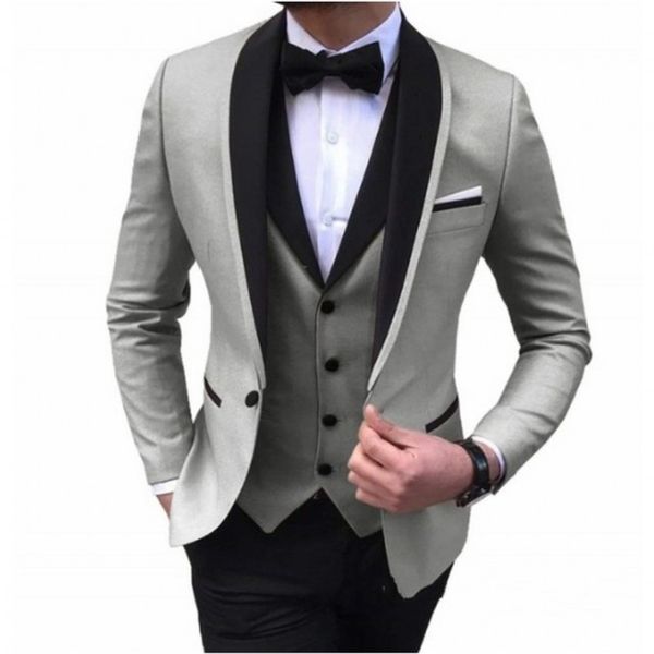 Brandneuer grauer Bräutigam-Smoking mit schwarzem Schal-Revers für Herren, Hochzeitskleid, modische Jacke, Blazer, 3-teiliger Anzug (Jacke + Hose + Weste + Krawatte) 212