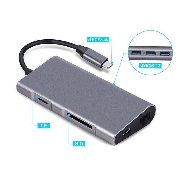 

8-in-1type c hub usb c to rj45 hdmi usb3.0 ports with hub tf sd reader pd usb-c for macbook pro samsung new
