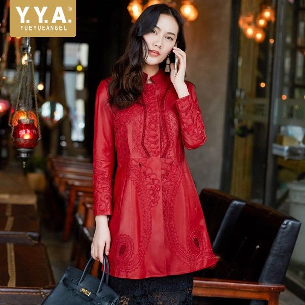 

2018 fashion slim fit womens real sheepskin coat female red jackets embroidery genuine leather jacket hollow out jaqueta couro, Black