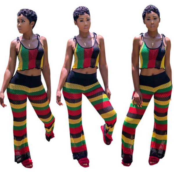 

Special Design 2019 New Popular Style 2 piece Women Set Striped Spaghetti Strap Sleeveless Long Pant ALS030