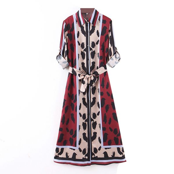 

katara printed buttons dresses women fashion tie belt waist dress women elegant turn down collar long dresses female ladies ai, Black;gray