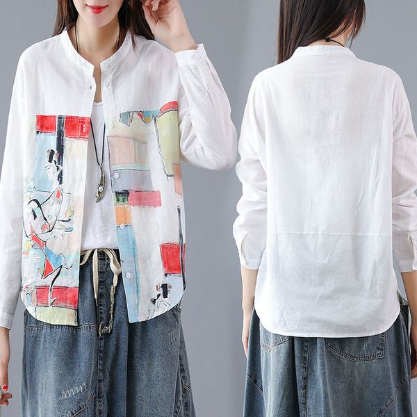 

women long sleeve blouse printed button down loose fit retro style casual shirt -opk, White