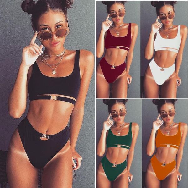 

bikini metal button bikini split swimming suit pure color