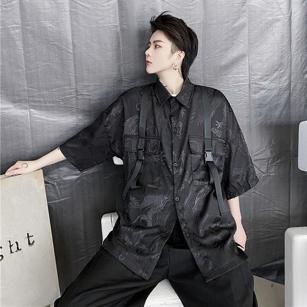 

summer fashion trends 2020 men embroidery shirt short sleeve button casual dress shirt punk cargo gothic blouse cardigan camisa, White;black