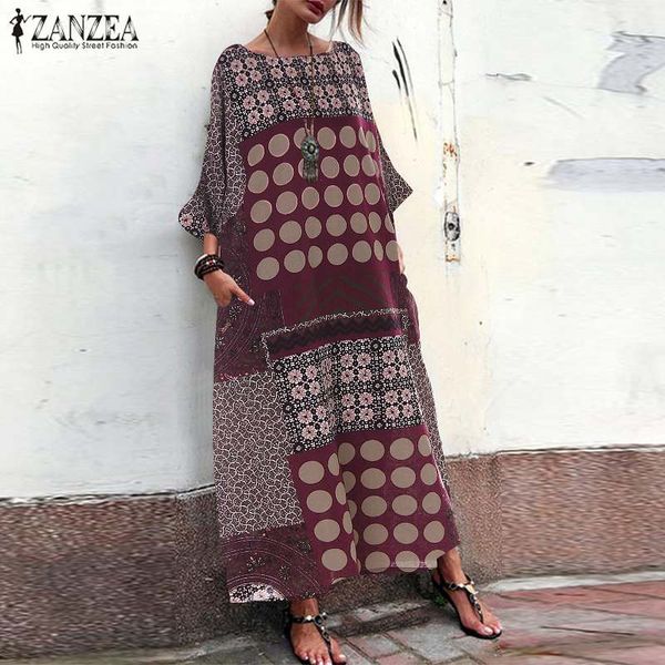 

zanzea summer dot printed long dress women vintage o neck long sleeve cotton linen sundress female loose vestido kaftan tunic, Black;gray