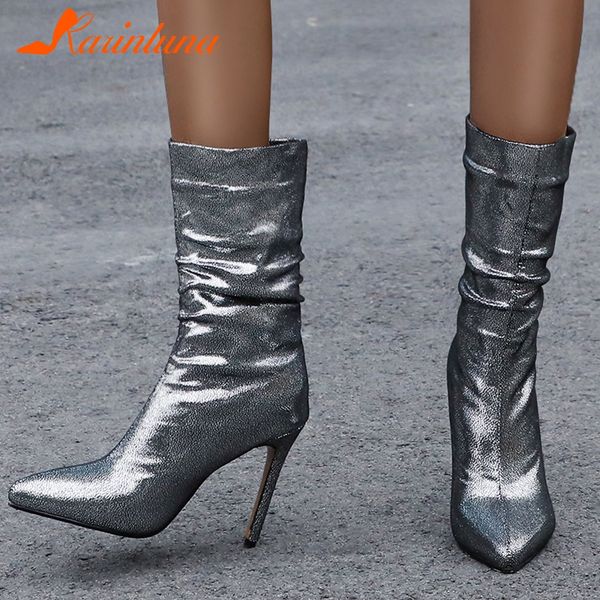 

karin new ladies party ins boots women fashion pointed toe pleated boots thin high heels ankle shoes woman, Black