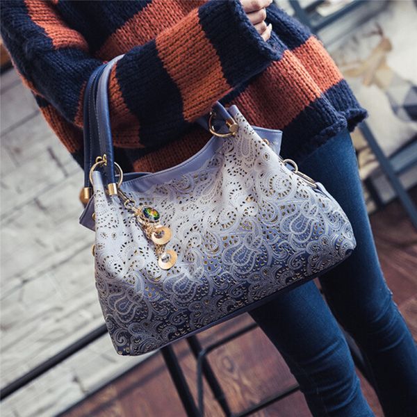 

ladies hand bags creative gradient color hollow out floral print fabric handbag fashion women's shoulder messenger bag 2020 new