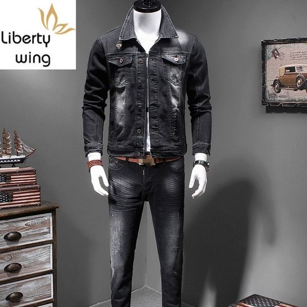 

mens new denim two piece outfits fashion slim fit elastic black single breasted jeans jacket full length pencil pants plus size, Gray