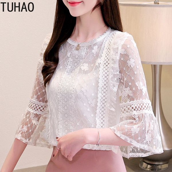 

tuhao office lady casual pink white lace blouse for woman spring summer flower print embroidery blusas blouses shirts wm96