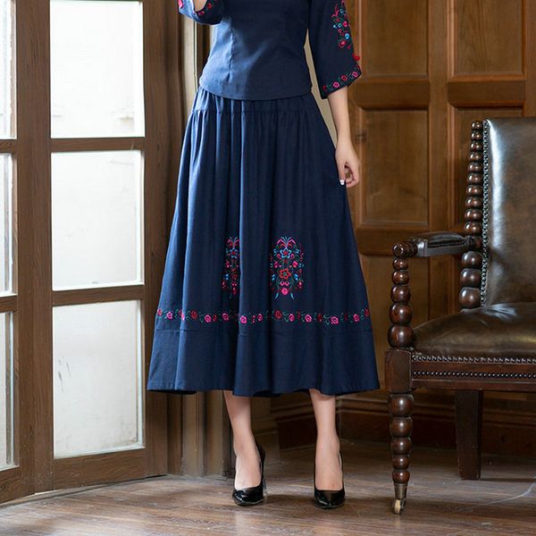 

quality embroidery flowers navy blue skirt women spring autumn summer casual elastic waist pocket clothes, Black