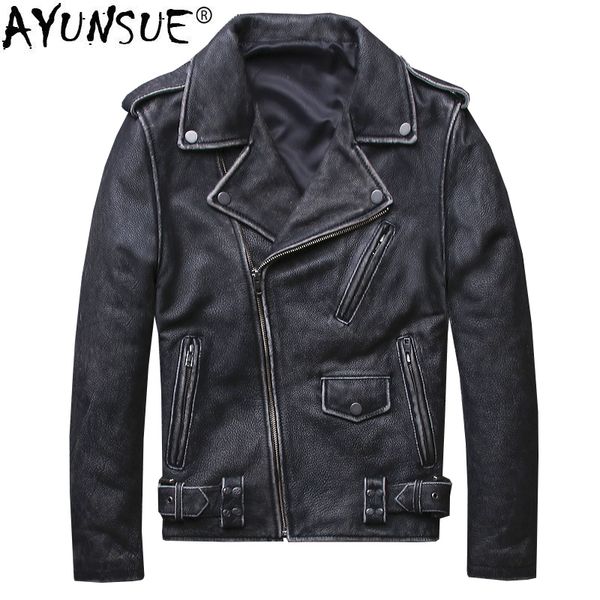 

ayunsue real cow leather jacket men vintage genuine leather coat motorcycle korean cowhide jackets blouson cuir homme kj1341, Black