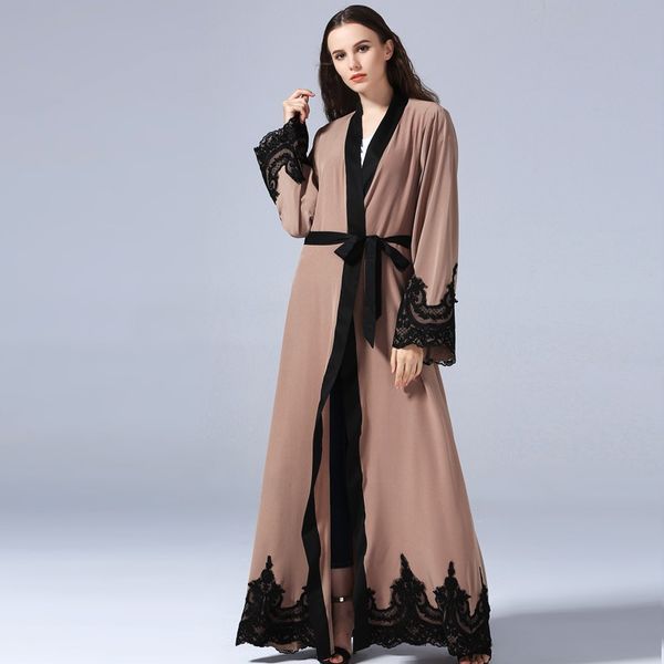 

women muslim dubai abaya robe with belt 5xl plus size muslim turkish cardigan soft maxi dresses long womens lace patchwork clothing, Red