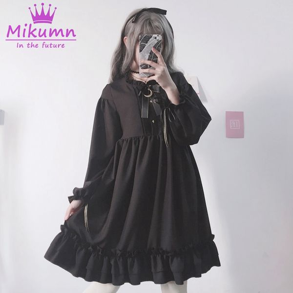 

japanese harajuku women gothic black ruffles dress bow lacing lantern sleeve kawaii lolita dress sweet cute girl chiffon dresses, Black;gray