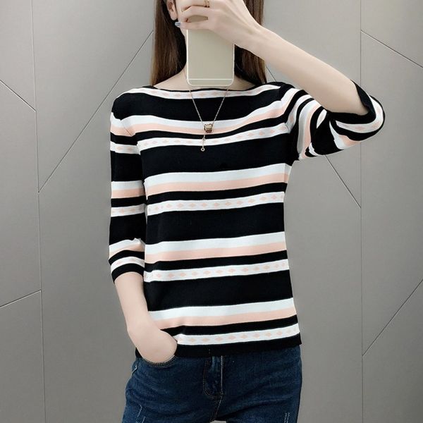 

women's sweater 2019 autumn stripe slim seven sleeve pullover female o-neck winter bottoming knitwear korean knitted sweaters, White;black