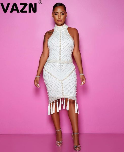 

vazn 2020 new upmarket customization heavy industry beading tassel solid halter backless thin high waist women midi dress, Black;gray