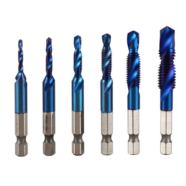 

hlzs-6pcs 1/4 hex shank hss metric thread tap hss drill bits spiral tap hand screw taps m3 m4 m5 m6 m8 m10 sets