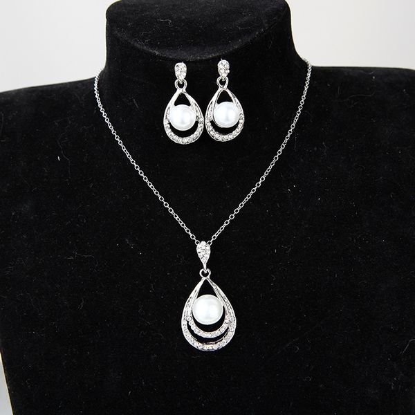 

fashion pearl jewelry set women wedding crystal drip shape pendant silver necklaces dangle earrings for ladies bride engagement jewelry gift