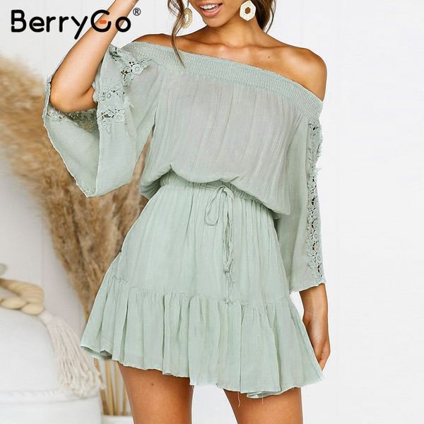 

BerryGo women mini dresses sexy lace dresses off shoulder Pleated flare sleeve embroidery Summer dress spring vestidos