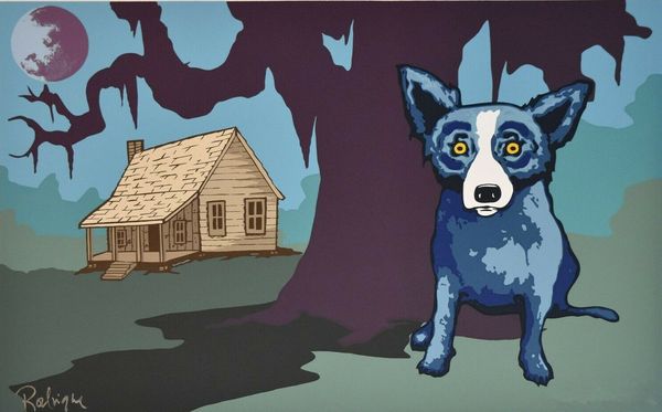 

george rodrigue blue dog house my daddy built w moon home decor handpainted &hd print oil painting on canvas wall art canvas pictures 200112