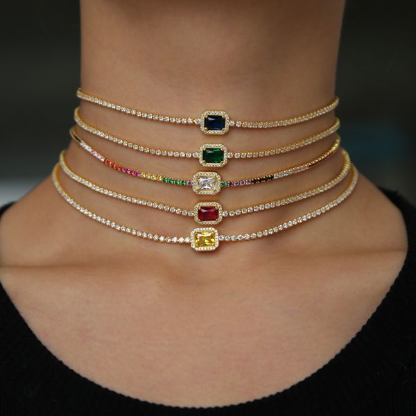 

rainbow cz 32+8cm choker necklace for lady women trendy jewelry delicate thin cz tennis chain birthstone diamond fashion jewelry, Silver