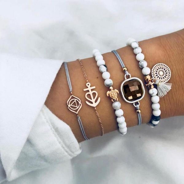 

european and american bracelet with simple zircon anchor turtle tassel geometric fashion female five-piece bracelet, Black