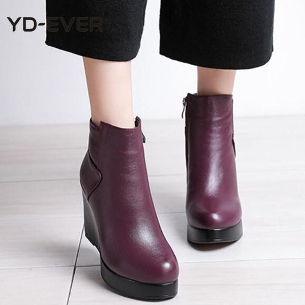 

genuine leather autumn winter boots shoes women ankle boots female wedges women boot platform shoes, Black