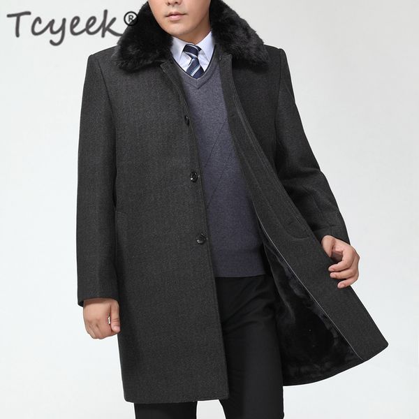 

tcyeek 2019 winter long woolen coat men outwear jacket + fur collar thickening mens warm coat parkas man casual business 201805, Black