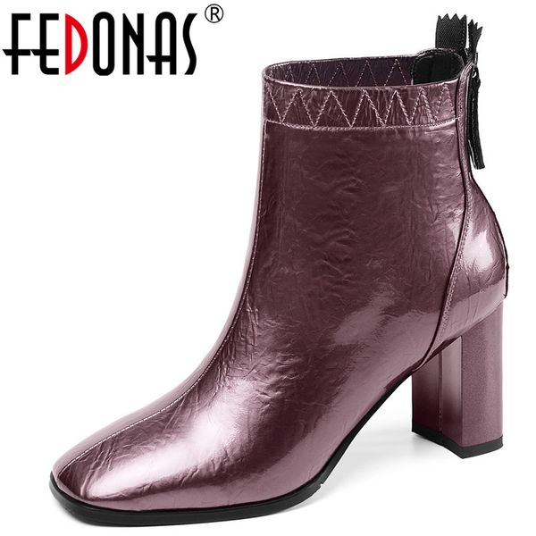 

fedonas winter new fashion cow patent leather high heels dancing shoes woman quality women amkle boots warm female boots, Black