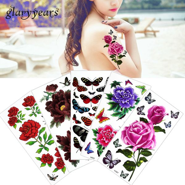 Acheter Glaryyears 5 Pièces Ensemble Coloré Dessin Corps Temporaire Tatouage Autocollant Réaliste Rose Fleur Papillon Motif Bras Cou Cou Art Sexy De